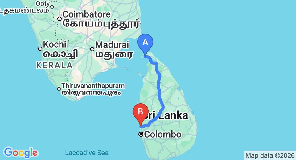 Driving route map: Jaffna to Negombo (375 km, approx 7 h 16 min private transfer)