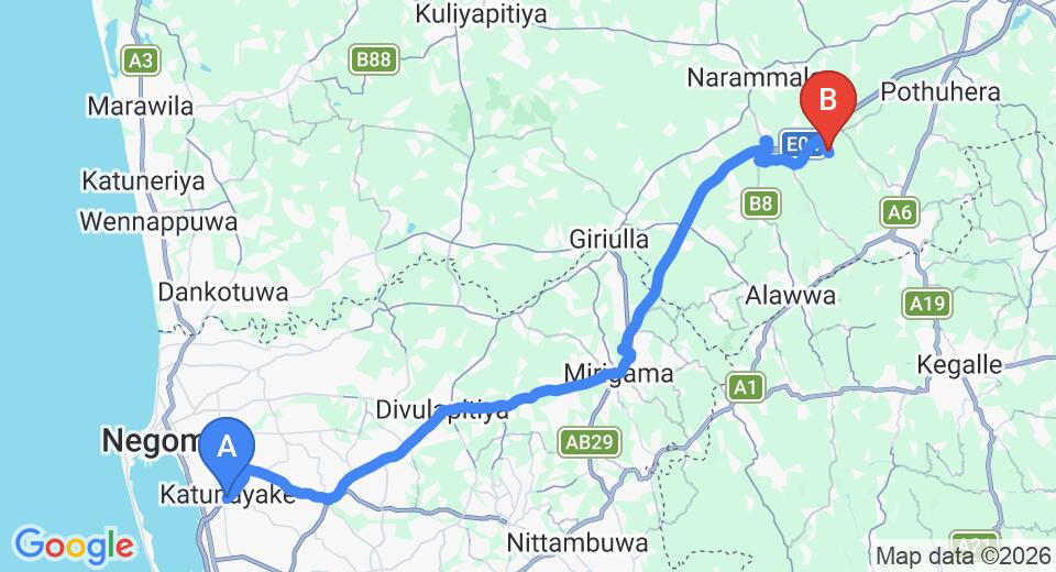 Driving route map: Colombo Airport (CMB) to Birds Park, Polgahawela (62 km, approx 1 h 34 min private transfer)