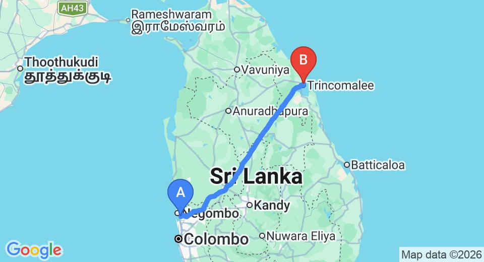Driving route map: Colombo Airport (CMB) to Jetwing Reef, Uppuveli (236 km, approx 4 h 47 min private transfer)