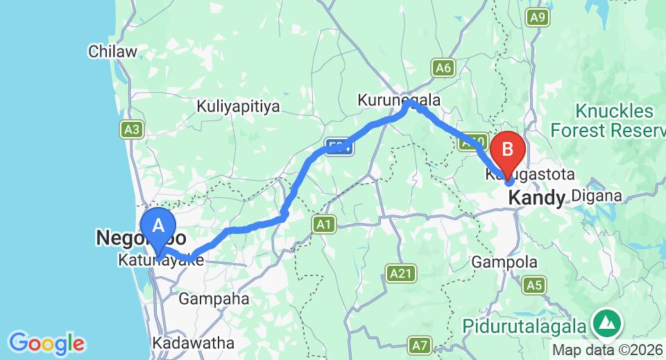 Driving route map: Colombo Airport (CMB) to Tree of Life Nature Resort, Kandy (106 km, approx 2 h 32 min private transfer)