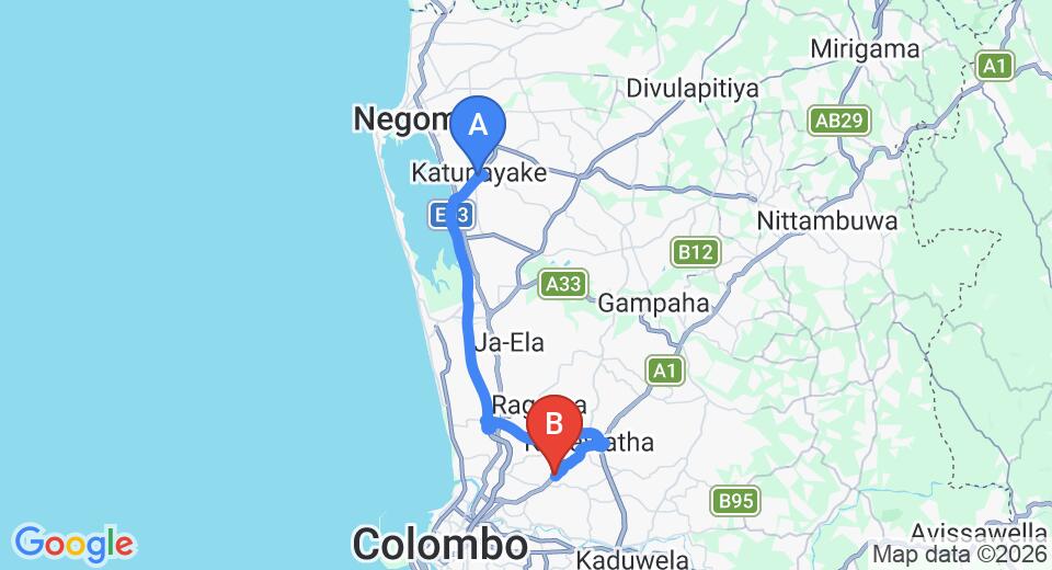 Driving route map: Colombo Airport (CMB) to Hotel Clarion, Kiribathgoda (35 km, approx 40 min private transfer)