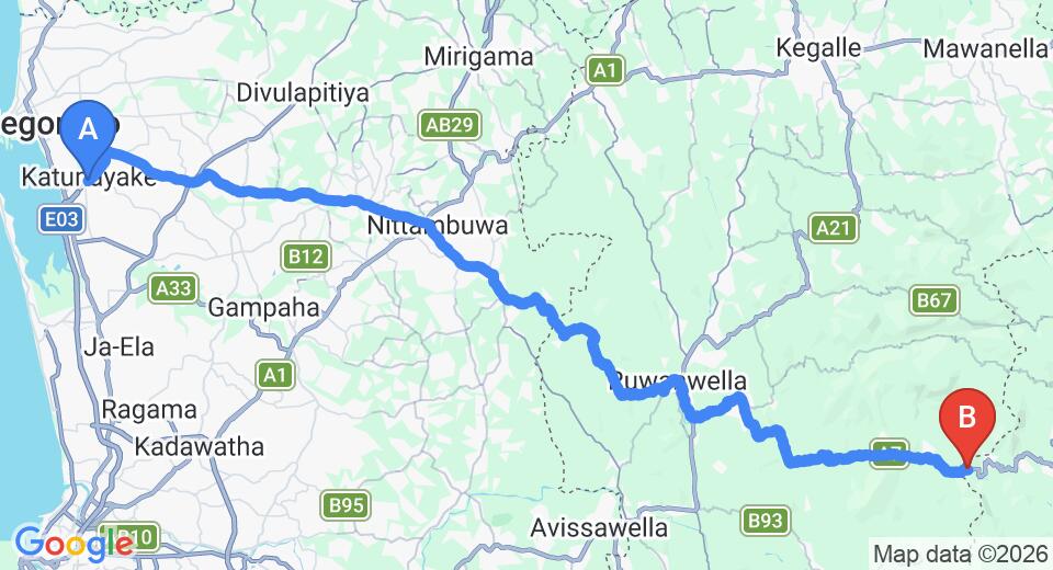 Driving route map: Colombo Airport (CMB) to Hotel Miyora, Kitulgala (85 km, approx 2 h 31 min private transfer)