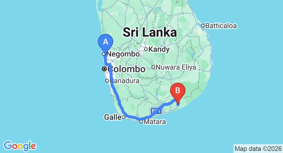 Driving route map: Colombo Airport (CMB) to Lavish Eco Jungle, Wirawila (276 km, approx 3 h 37 min private transfer)