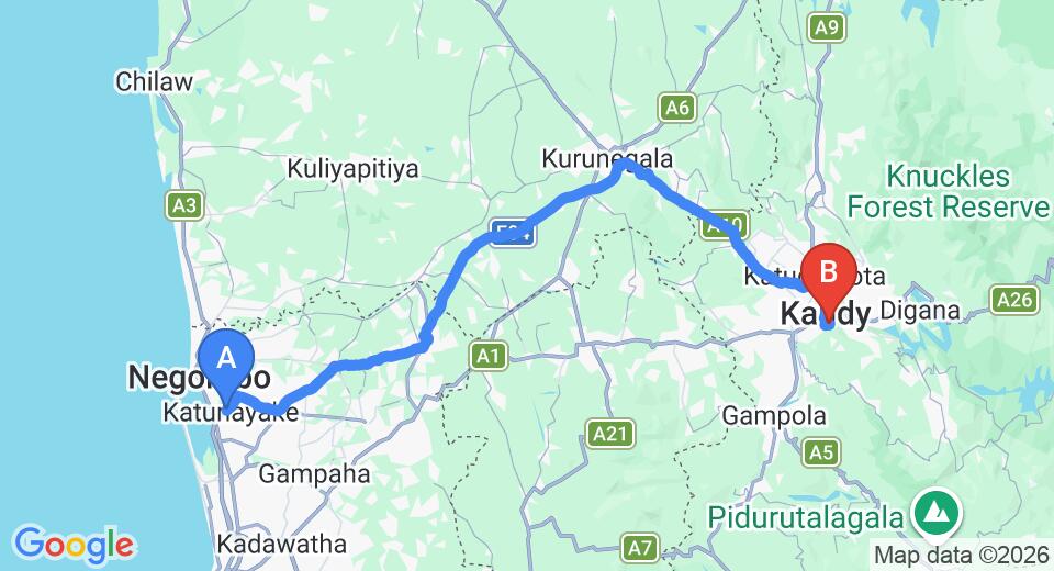 Driving route map: Colombo Airport (CMB) to Hill Cot Residence, Kandy (118 km, approx 3 h 1 min private transfer)