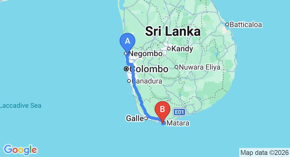 Driving route map: Colombo Airport (CMB) to Hotel Blue Corals, Matara (185 km, approx 2 h 34 min private transfer)