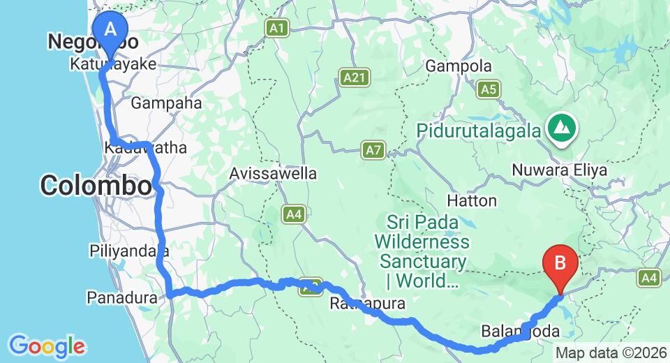 Driving route map: Colombo Airport (CMB) to River Garden Resort, Belihuloya (178 km, approx 4 h 6 min private transfer)