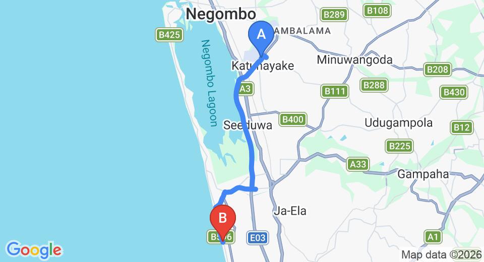 Driving route map: Colombo Airport (CMB) to Sea Shine Beach Hotel, Wattala (19 km, approx 28 min private transfer)