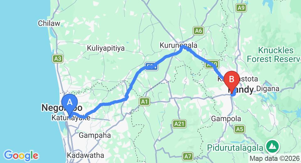Driving route map: Colombo Airport (CMB) to Vichithra, Peradeniya (114 km, approx 2 h 51 min private transfer)