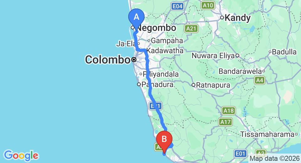 Driving route map: Colombo Airport (CMB) to Nimal's Homestay, Dodanduwa (144 km, approx 2 h 9 min private transfer)