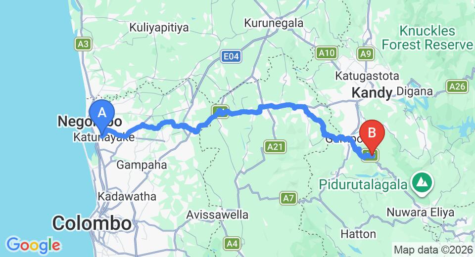 Driving route map: Colombo Airport (CMB) to Heritage Pussellawa, Pussellawa (120 km, approx 3 h 36 min private transfer)