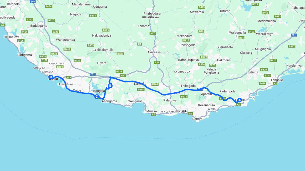 Højdepunkter på den sydlige kyst fra Dikwella