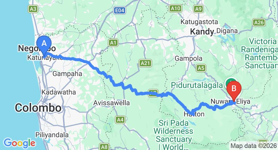Driving route map: Colombo Airport (CMB) to Hotel Royal Hills, Nuwara Eliya (156 km, approx 4 h 48 min private transfer)