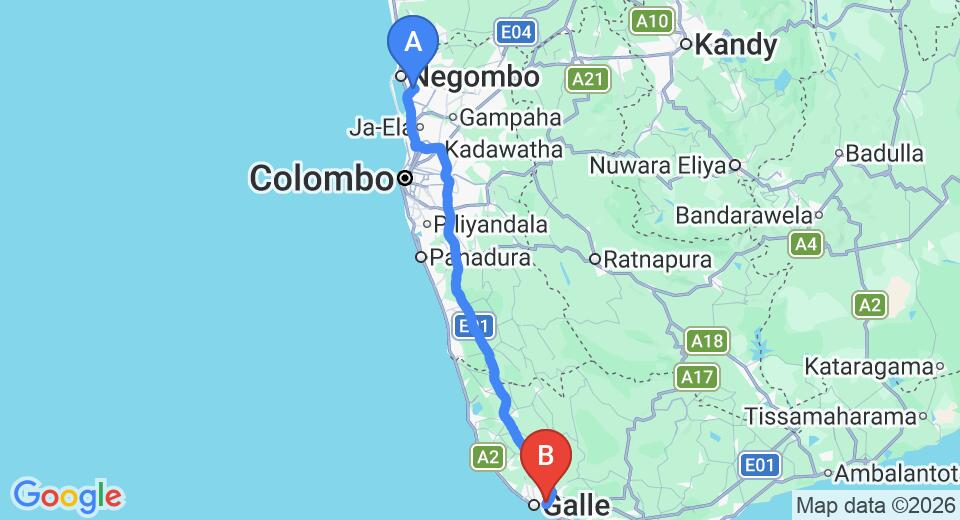 Driving route map: Colombo Airport (CMB) to Fairway Sunset, Galle (149 km, approx 2 h 1 min private transfer)