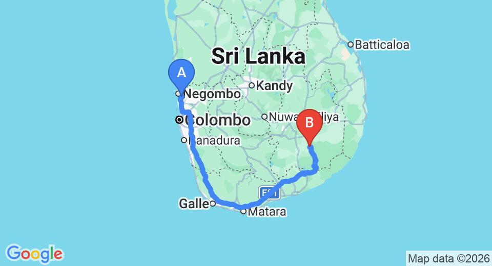 Driving route map: Colombo Airport (CMB) to Galapita Eco Lodge, Yala (314 km, approx 4 h 18 min private transfer)