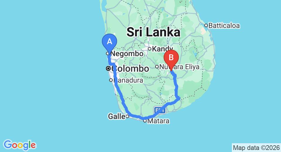 Driving route map: Colombo Airport (CMB) to Hotel Heaven's Edge, Ella (337 km, approx 5 h 2 min private transfer)