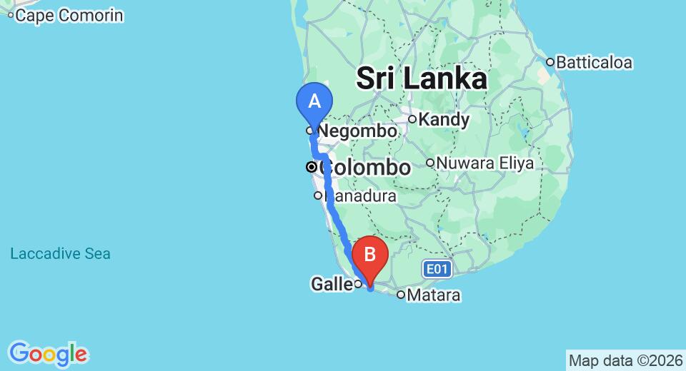 Driving route map: Colombo Airport (CMB) to Bungalow Sud, Habaraduwa (158 km, approx 2 h 20 min private transfer)