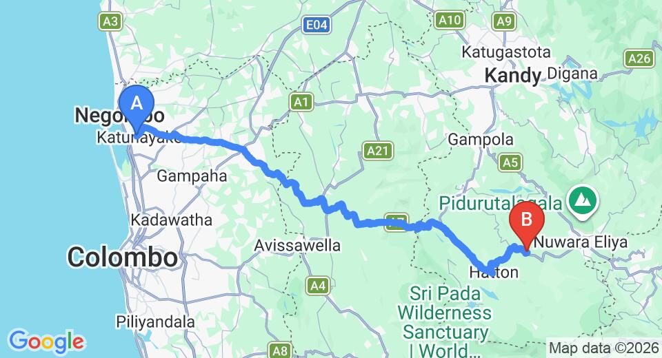 Driving route map: Colombo Airport (CMB) to Park View Rest, Nuwara Eliya (131 km, approx 4 h 1 min private transfer)