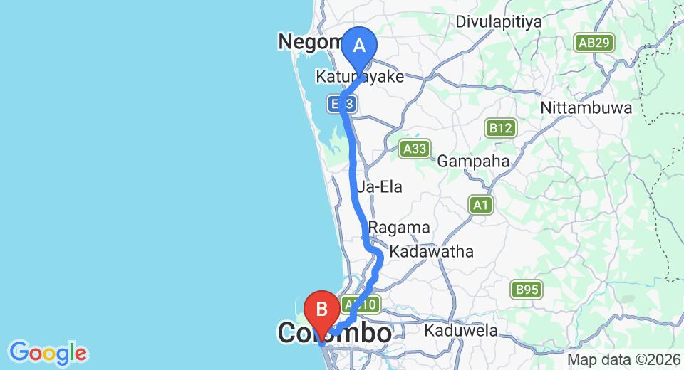 Driving route map: Colombo Airport (CMB) to Monarch Apartments , Colombo (36 km, approx 49 min private transfer)