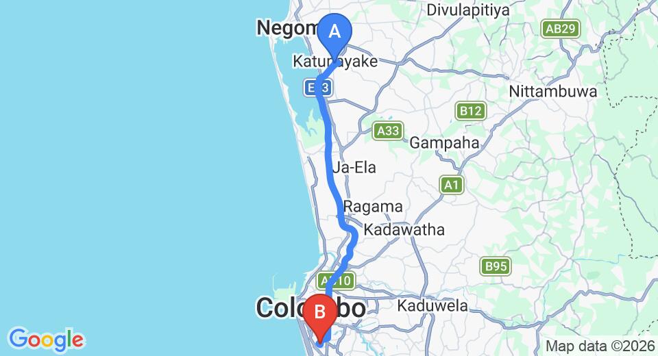 Driving route map: Colombo Airport (CMB) to Hotel Janaki, Colombo (36 km, approx 49 min private transfer)