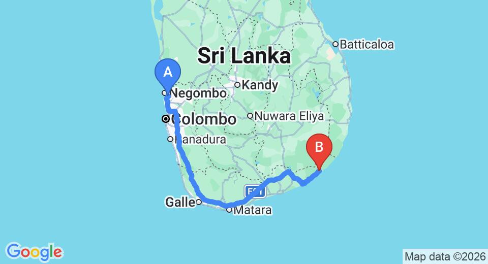 Driving route map: Colombo Airport (CMB) to Mahoora Safari Camping, Yala (316 km, approx 5 h 4 min private transfer)