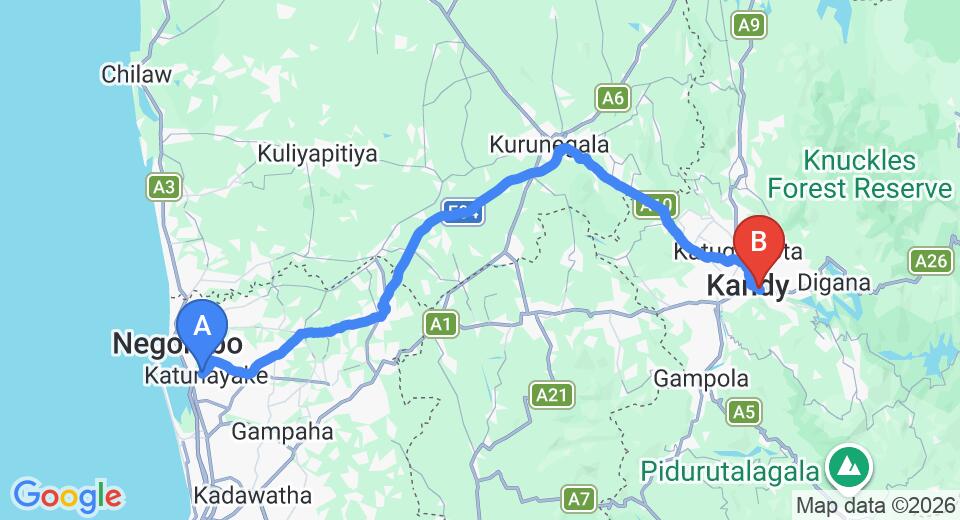 Driving route map: Colombo Airport (CMB) to Devon Hotel, Kandy (116 km, approx 2 h 56 min private transfer)