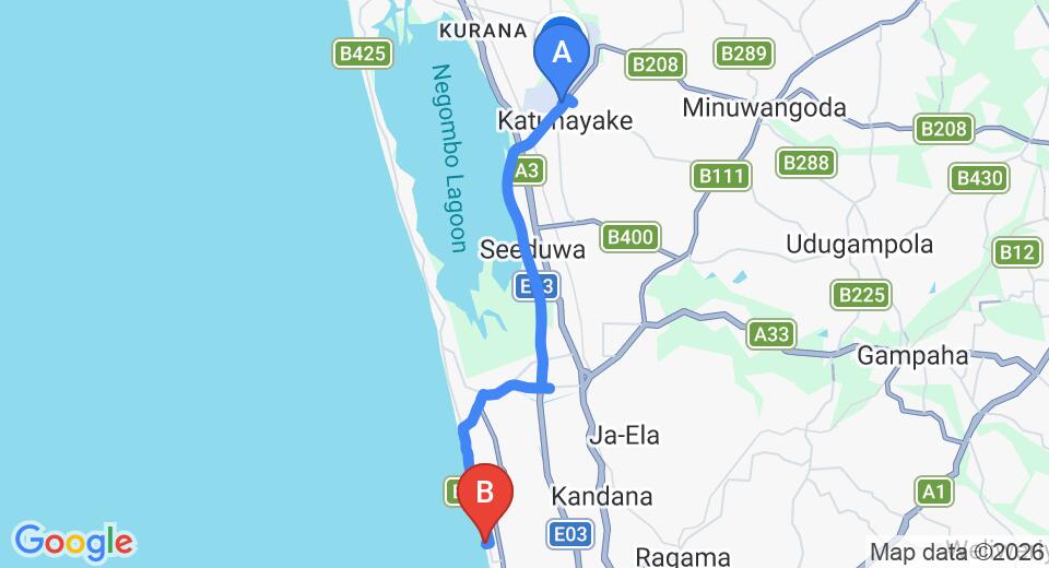 Driving route map: Colombo Airport (CMB) to Hamilton Beach Villa, Ja Ela (20 km, approx 32 min private transfer)