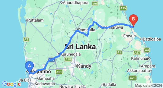Driving route map: Colombo Airport (CMB) to Earl's Red Passikudah, Pasikuda (267 km, approx 5 h 28 min private transfer)