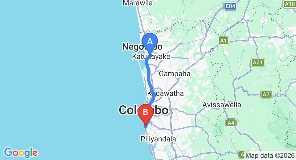 Driving route map: Colombo Airport (CMB) to Concord Grand Hotel, Dehiwala (40 km, approx 1 h 3 min private transfer)