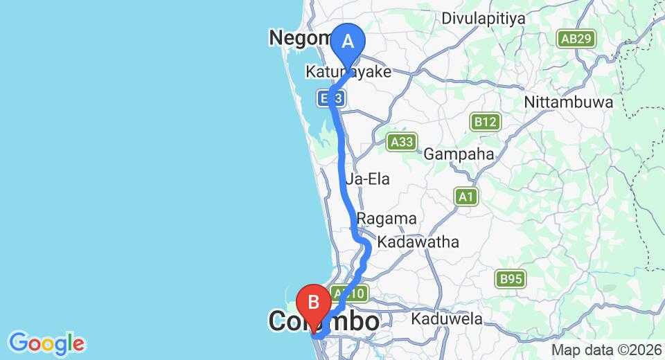 Driving route map: Colombo Airport (CMB) to Nawamini Travels, Kollupitiya (35 km, approx 47 min private transfer)