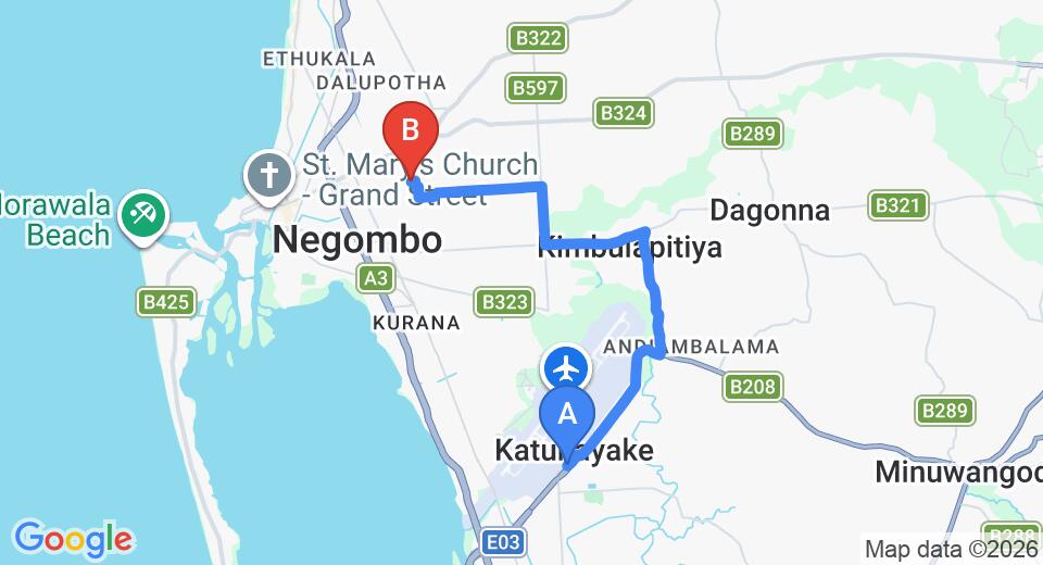 Driving route map: Colombo Airport (CMB) to Villa Dominikku, Negombo (10 km, approx 23 min private transfer)