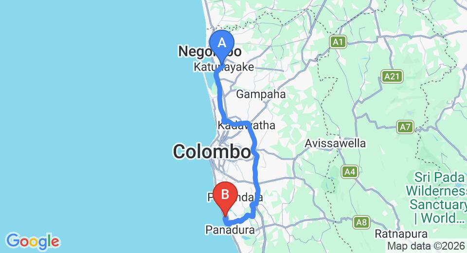 Driving route map: Colombo Airport (CMB) to Lake Lodge, Colombo (73 km, approx 1 h 25 min private transfer)