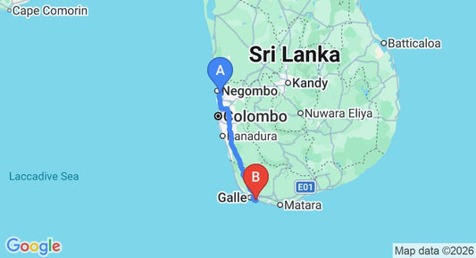 Driving route map: Colombo Airport (CMB) to Talpe (156 km, approx 2 h 15 min private transfer)