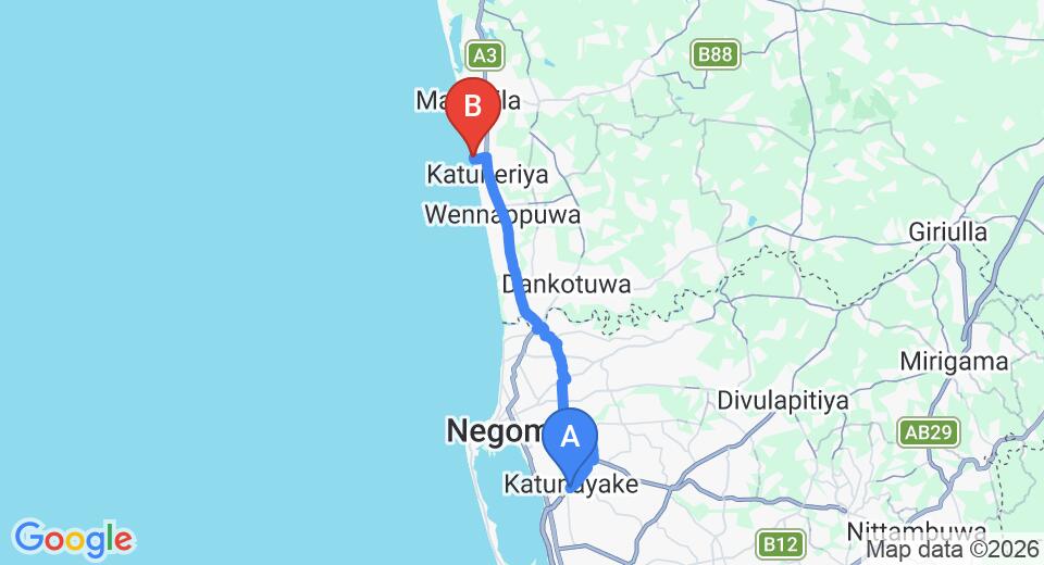 Driving route map: Colombo Airport (CMB) to Bridden's Place, Katuneriya (30 km, approx 56 min private transfer)