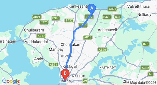 Driving route map: Jaffna (JAF) Airport to Jaffna (18 km, approx 35 min private transfer)
