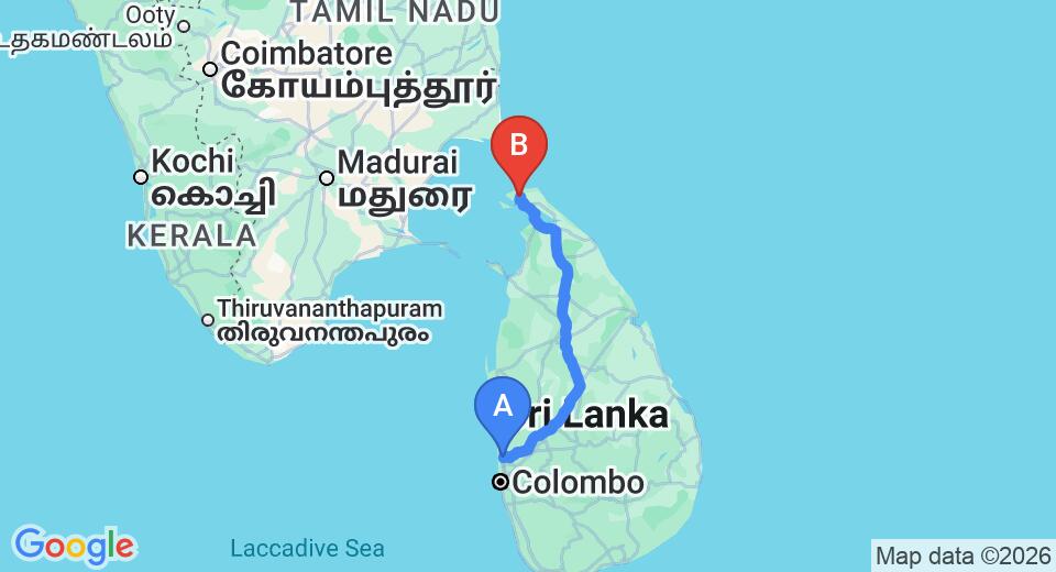 Driving route map: Colombo Airport (CMB) to The Margosa, Jaffna (379 km, approx 7 h 24 min private transfer)