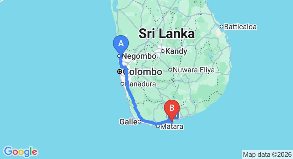 Driving route map: Colombo Airport (CMB) to French Residence Guest House, Tangalle (212 km, approx 2 h 53 min private transfer)