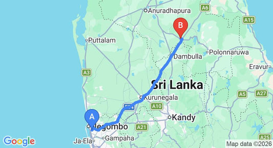 Driving route map: Colombo Airport (CMB) to The Other Corner, Habarana (153 km, approx 3 h 16 min private transfer)