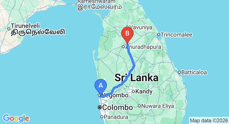 Driving route map: Colombo Airport (CMB) to Hotel Dharshana, Mihintale (188 km, approx 3 h 52 min private transfer)