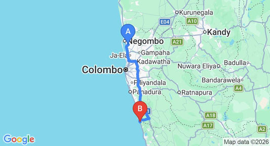 Driving route map: Colombo Airport (CMB) to AIDA Ayurveda and Spa Resort, Bentota (108 km, approx 1 h 41 min private transfer)