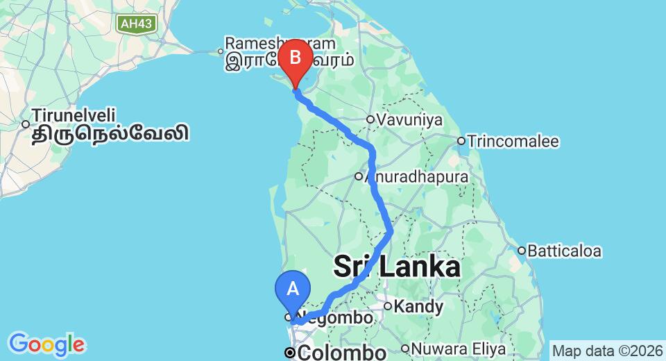 Driving route map: Colombo Airport (CMB) to Gateway Inn, Mannar (295 km, approx 5 h 50 min private transfer)