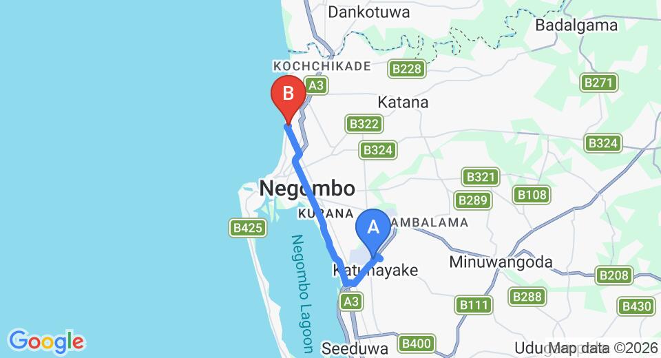 Driving route map: Colombo Airport (CMB) to Shanith Guesthouse, Negombo (13 km, approx 30 min private transfer)