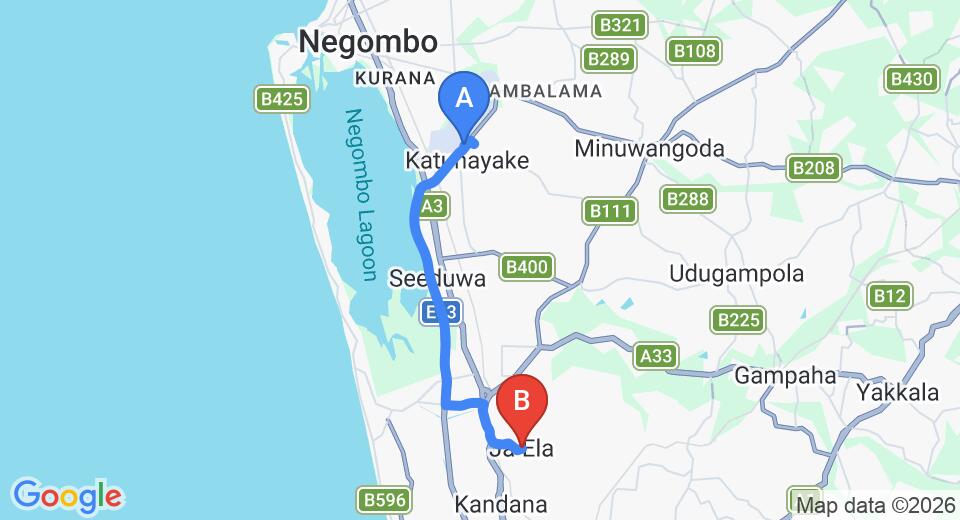 Driving route map: Colombo Airport (CMB) to Villa Palma, Ja Ela (16 km, approx 24 min private transfer)