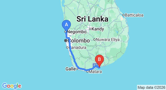 Driving route map: Colombo Airport (CMB) to Villa Blu Tangalle, Tangalle (230 km, approx 3 h 10 min private transfer)