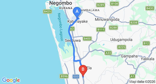 Driving route map: Colombo Airport (CMB) to Villa Grand Kandana, Kandana (17 km, approx 26 min private transfer)