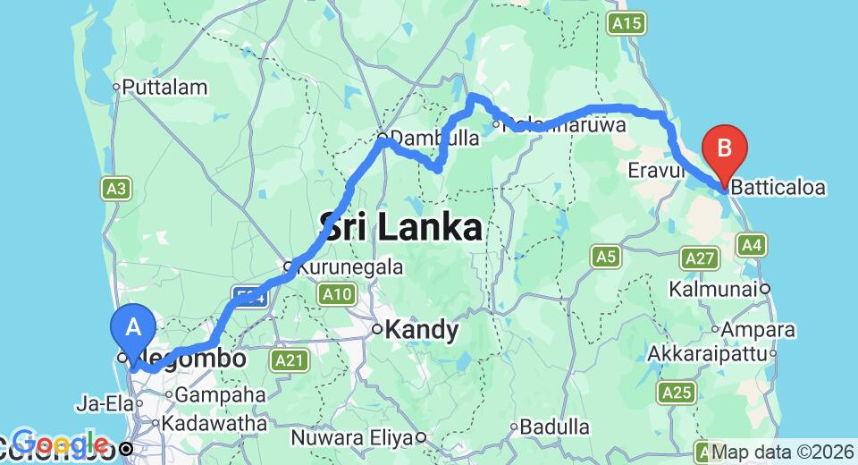 Driving route map: Colombo Airport (CMB) to 15 Lady Manning Drive, Batticaloa (293 km, approx 6 h 4 min private transfer)