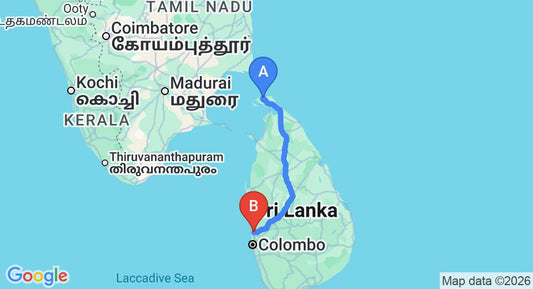 Driving route map: Jaffna (JAF) Airport to Colombo Airport (CMB) (383 km, approx 7 h 33 min private transfer)