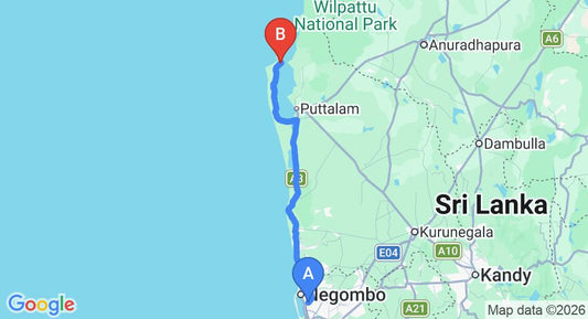 Driving route map: Colombo Airport (CMB) to Dancing Dolphin, Kalpitiya (140 km, approx 3 h 17 min private transfer)