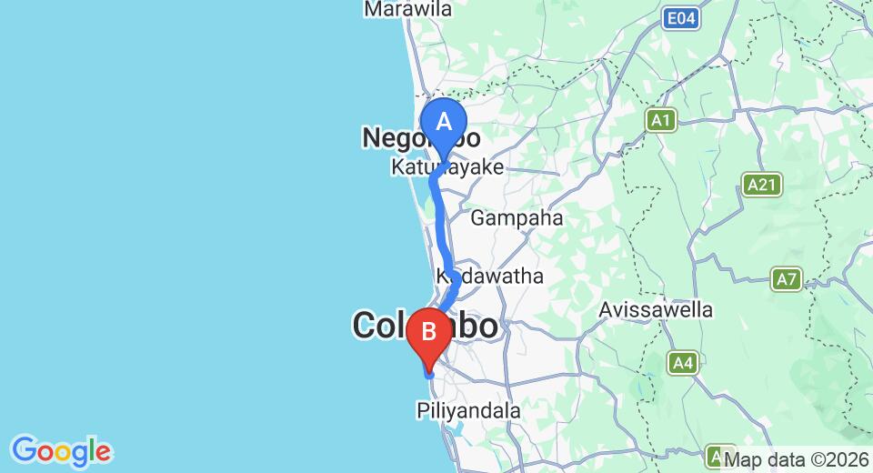 Driving route map: Colombo Airport (CMB) to Jansen Villa, Dehiwala (41 km, approx 1 h 1 min private transfer)
