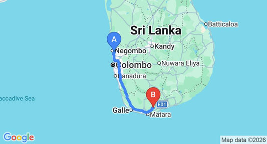 Driving route map: Colombo Airport (CMB) to Hakmana (197 km, approx 2 h 46 min private transfer)
