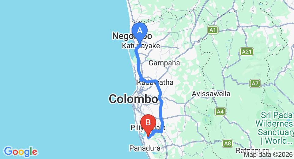 Driving route map: Colombo Airport (CMB) to The Ranmin Bungalow, Piliyandala (65 km, approx 1 h 12 min private transfer)
